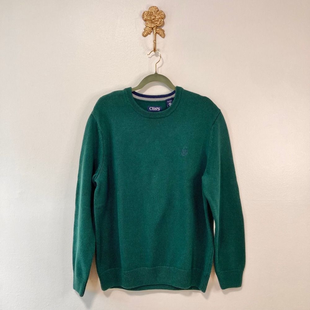 Chaps Green 100% Cotton Knit Crewneck Sweater XL Classic Preppy Minimalist Fall